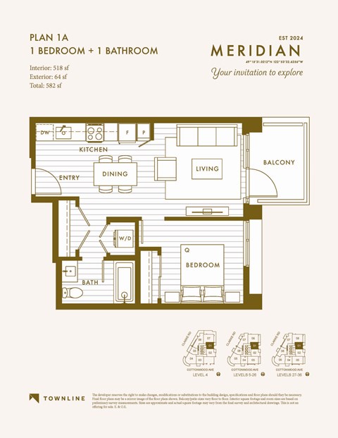 Floor plan for 1 bed, 1 bath, 518 sqft