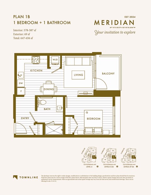 Floor plan for 1 bed, 1 bath, 587 sqft