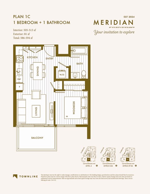 Floor plan for 1 bed, 1 bath, 505 sqft