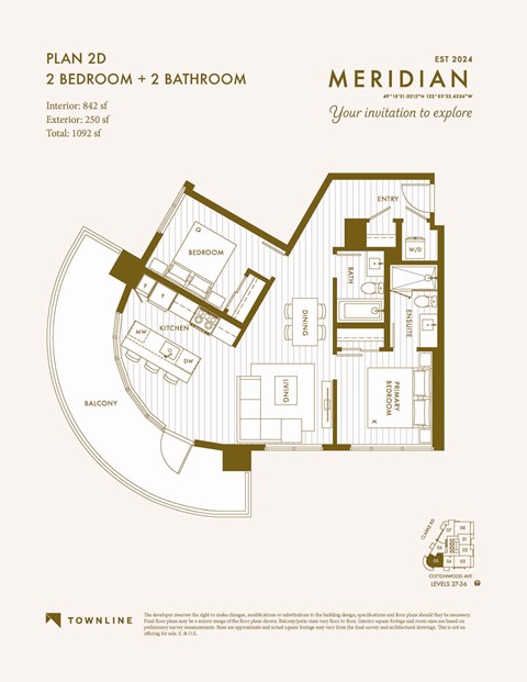 Floor plan for 2 beds, 2 baths, 842 sqft