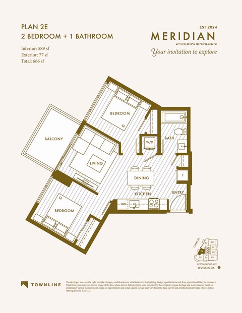 Floor plan for 2 beds, 1 bath, 589 sqft