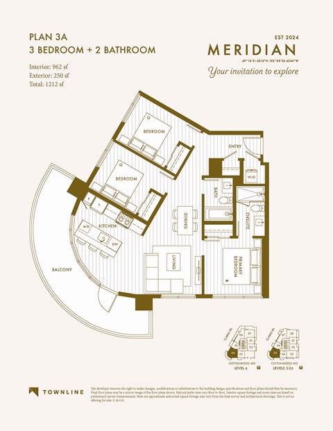 Floor plan for 3 beds, 2 baths, 962 sqft