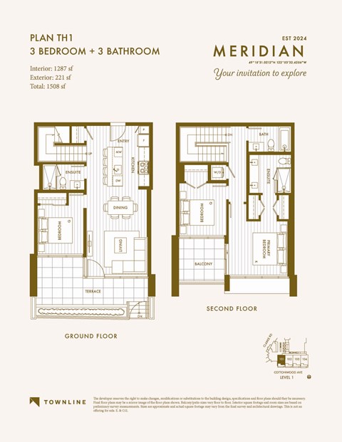 Floor plan for 3 beds, 3 baths, 1287 sqft