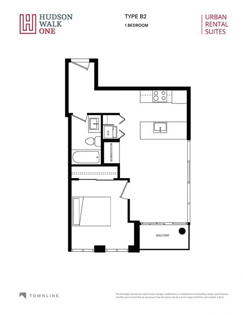 Floor plan for 1 bed, 1 bath, 581 sqft
