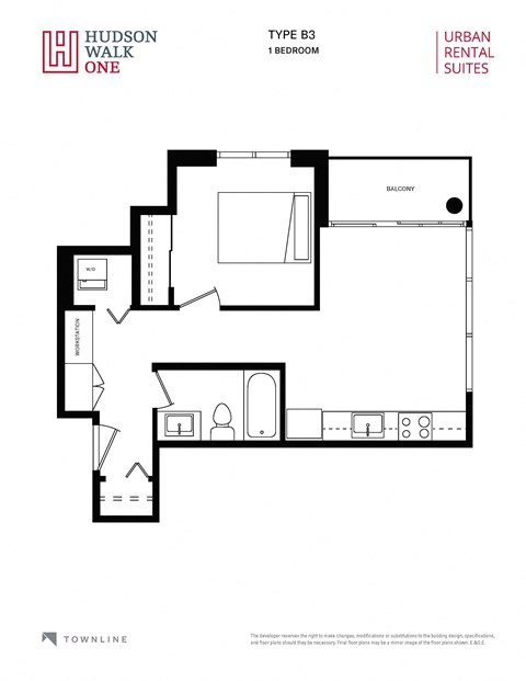 Floor plan for 1 bed, 1 bath, 527 sqft
