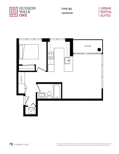 Floor plan for 1 bed, 1 bath, 570 sqft