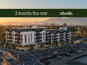 Vancouver apartment for rent - A large building with the text "2 months free rent" and "abode." on it.