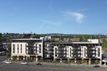 Vancouver apartment for rent - Two modern apartment buildings are situated on a street corner with cars parked in front.