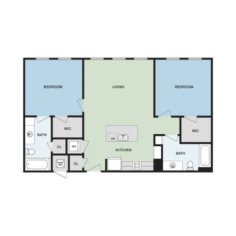 Floor plan for 2 beds, 2 baths, 980 sqft