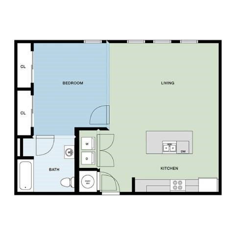 Floor plan for 1 bed, 1 bath, 819 sqft