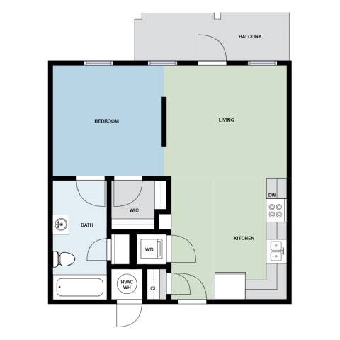 Floor plan for studio, 1 bath, 588 sqft