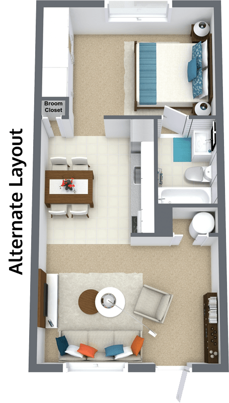 Floor plan for 1 bed, 1 bath, 588 sqft
