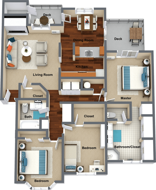 Floor plan for 3 beds, 2 baths, 1403 sqft