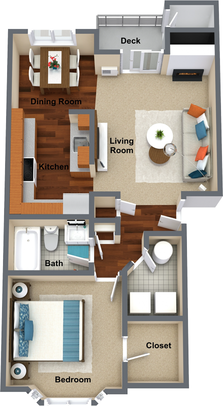 Floor plan for 1 bed, 1 bath, 764 sqft