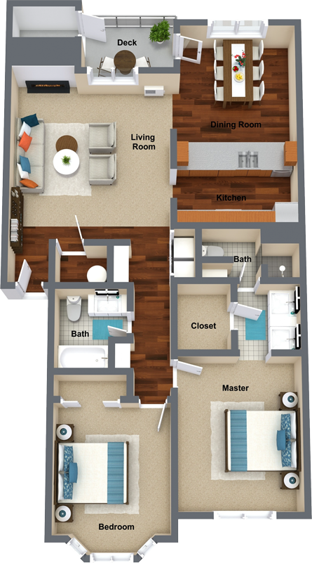 Floor plan for 2 beds, 2 baths, 1168 sqft
