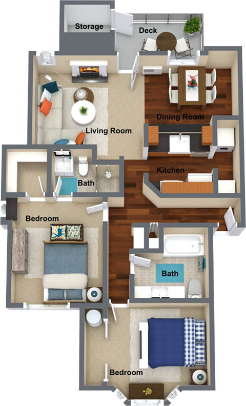 Floor plan for 2 beds, 2 baths, 1027 sqft
