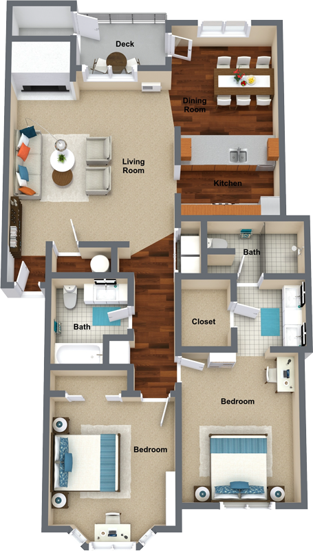 Floor plan for 2 beds, 2 baths, 1161 sqft