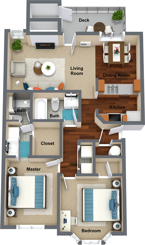 Floor plan for 2 beds, 2 baths, 1029 sqft