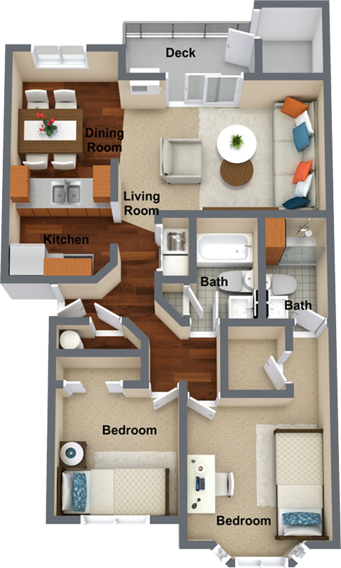 Floor plan for 2 beds, 2 baths, 1037 sqft