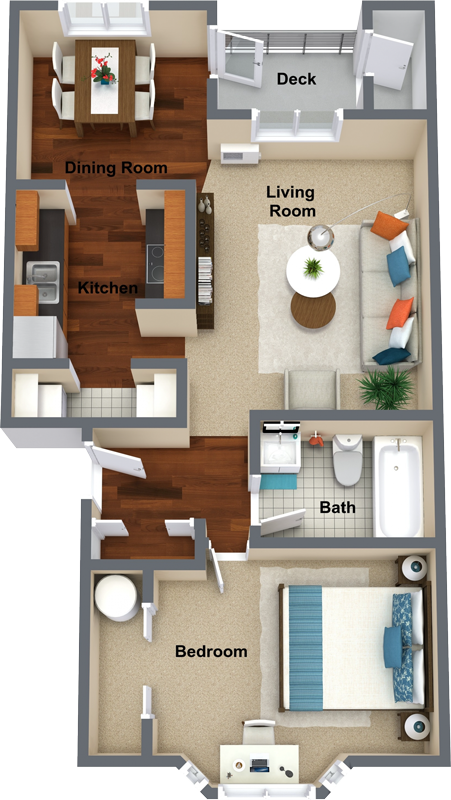 Floor plan for 1 bed, 1 bath, 704 sqft