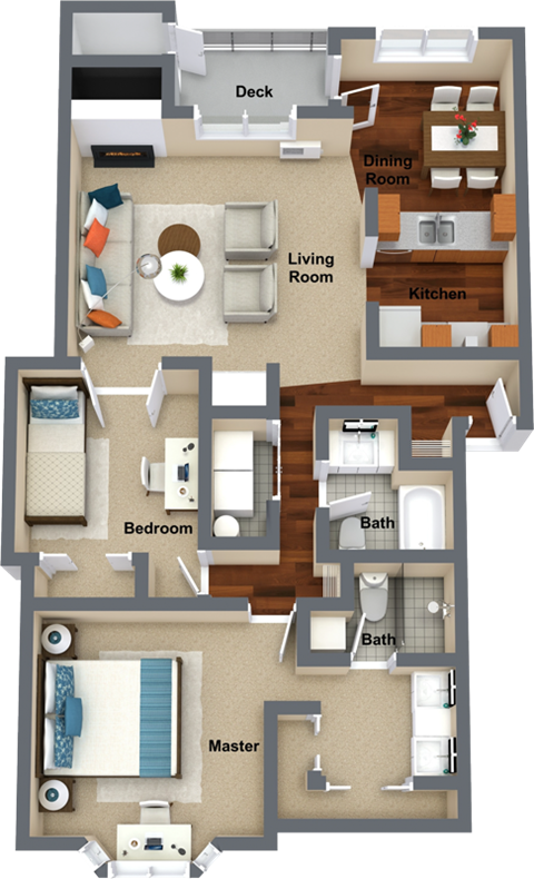 Floor plan for 2 beds, 2 baths, 1239 sqft