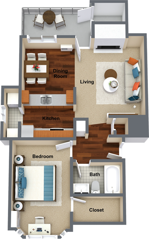 Floor plan for 1 bed, 1 bath, 727 sqft