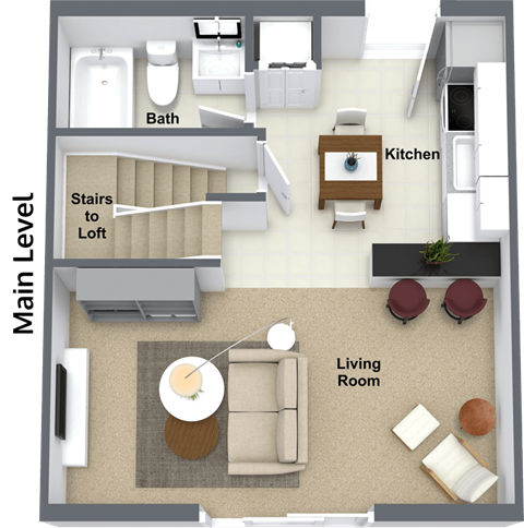 Floor plan for 1 bed, 1 bath, 544 sqft