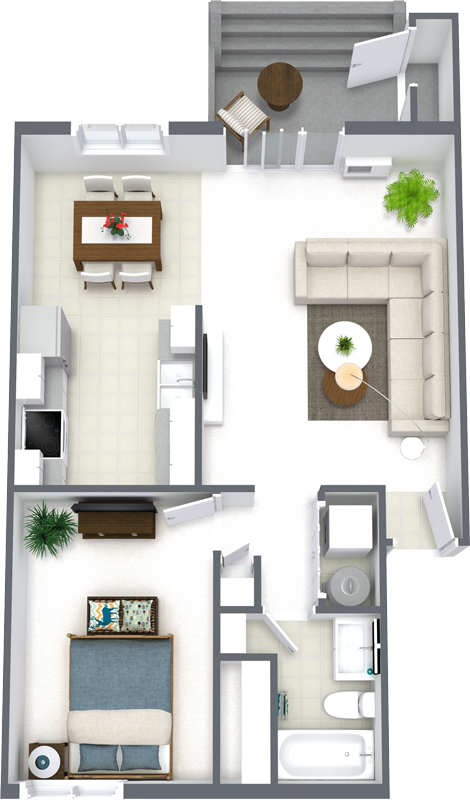 Floor plan for 1 bed, 1 bath, 711 sqft