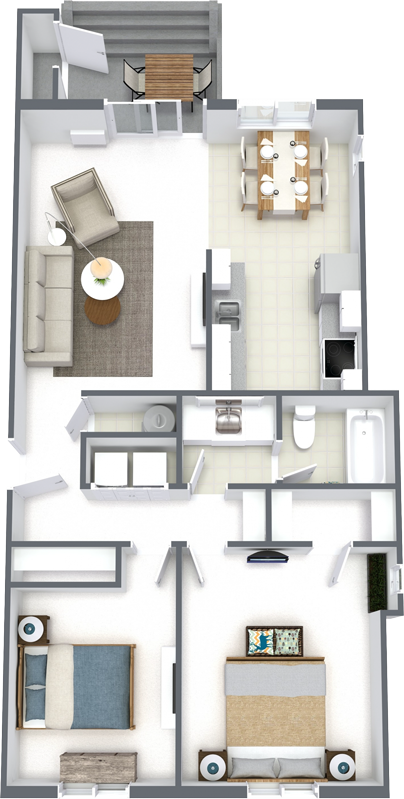 Floor plan for 2 beds, 1 bath, 985 sqft