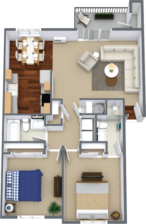 Floor plan for 2 beds, 2 baths, 984 sqft