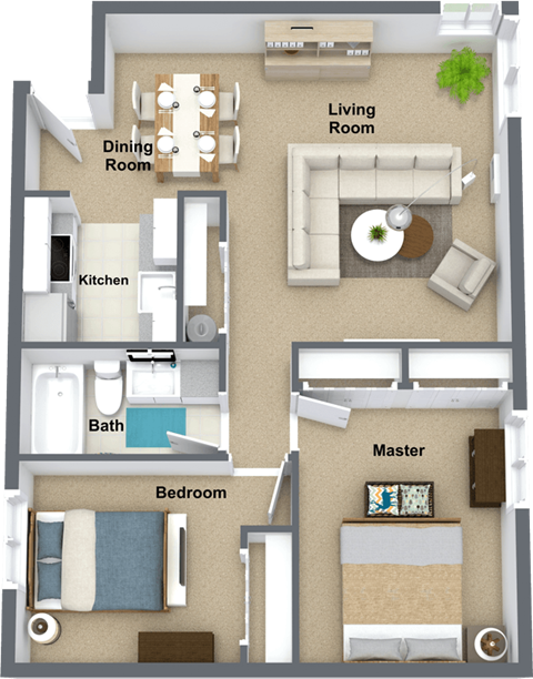 Floor plan for 2 beds, 1 bath, 768 sqft