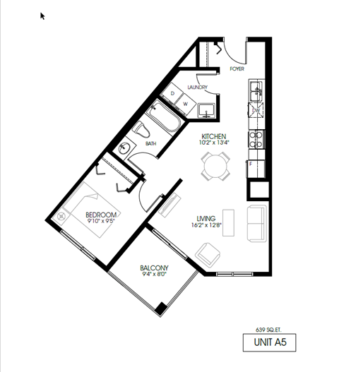 Floor plan for 1 bed, 1 bath, 639 sqft