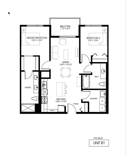 Floor plan for 2 beds, 2 baths, 975 sqft