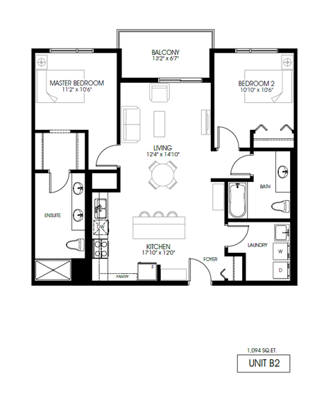 Floor plan for 2 beds, 2 baths, 1094 sqft