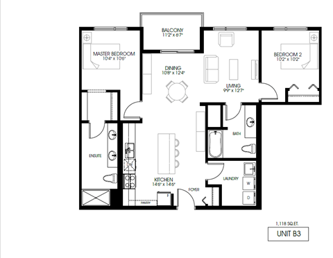Floor plan for 2 beds, 2 baths, 1118 sqft
