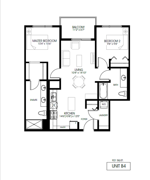 Floor plan for 2 beds, 2 baths, 921 sqft