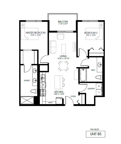 Floor plan for 2 beds, 2 baths, 964 sqft