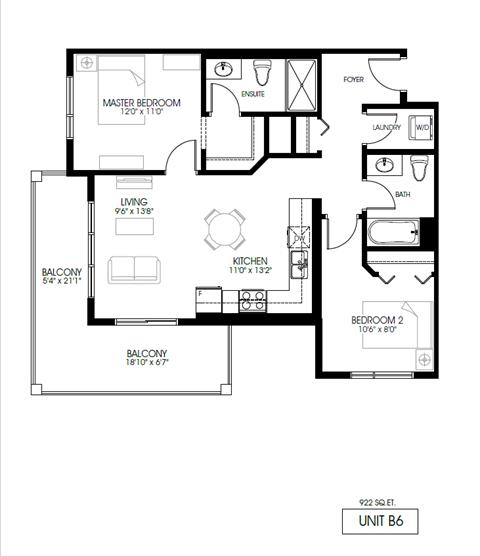 Floor plan for 2 beds, 2 baths, 922 sqft