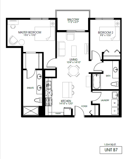 Floor plan for 2 beds, 2 baths, 1034 sqft