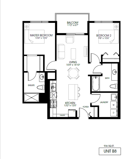 Floor plan for 2 beds, 2 baths, 936 sqft