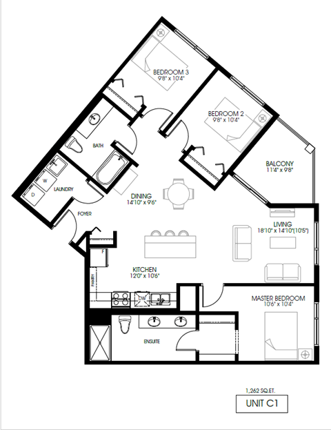 Floor plan for 3 beds, 2 baths