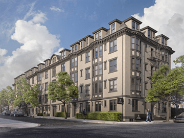 Albany apartment for rent - a rendering of an apartment building on a city street