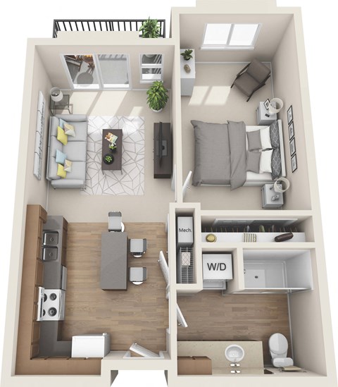 Floor plan for 1 bed, 1 bath, 617 sqft