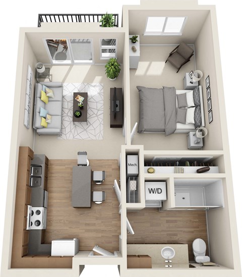 Floor plan for 1 bed, 1 bath, 612 sqft