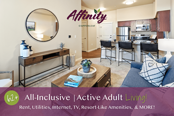 Aurora apartment for rent - A living room with a couch, chairs, and a coffee table in front of a kitchen area.