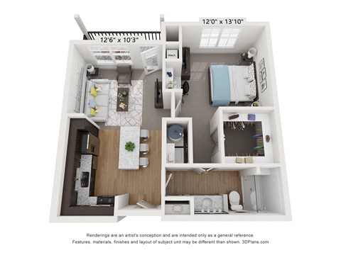 Floor plan for 1 bed, 1 bath, 655 sqft