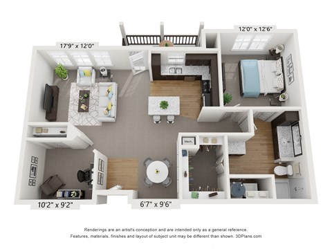 Floor plan for 1 bed, 1 bath, 968 sqft