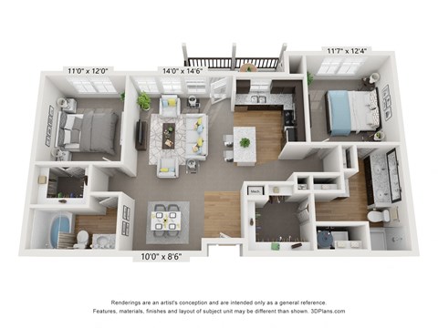Floor plan for 2 beds, 2 baths, 1093 sqft
