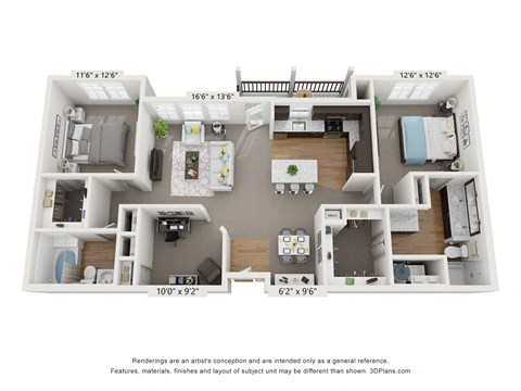 Floor plan for 2 beds, 2 baths, 1294 sqft