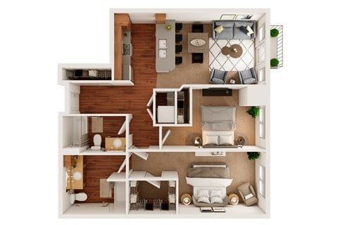 Floor plan for 2 beds, 2 baths, 1007 sqft
